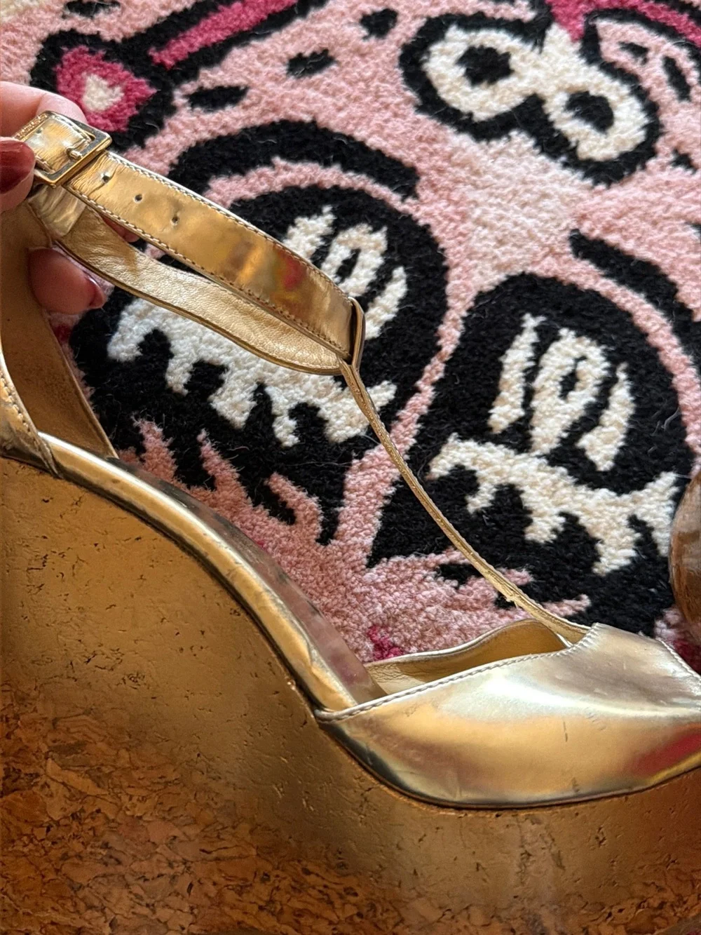 Jimmy Choo Metallic Gold Wedge Sandals with Ankle Strap